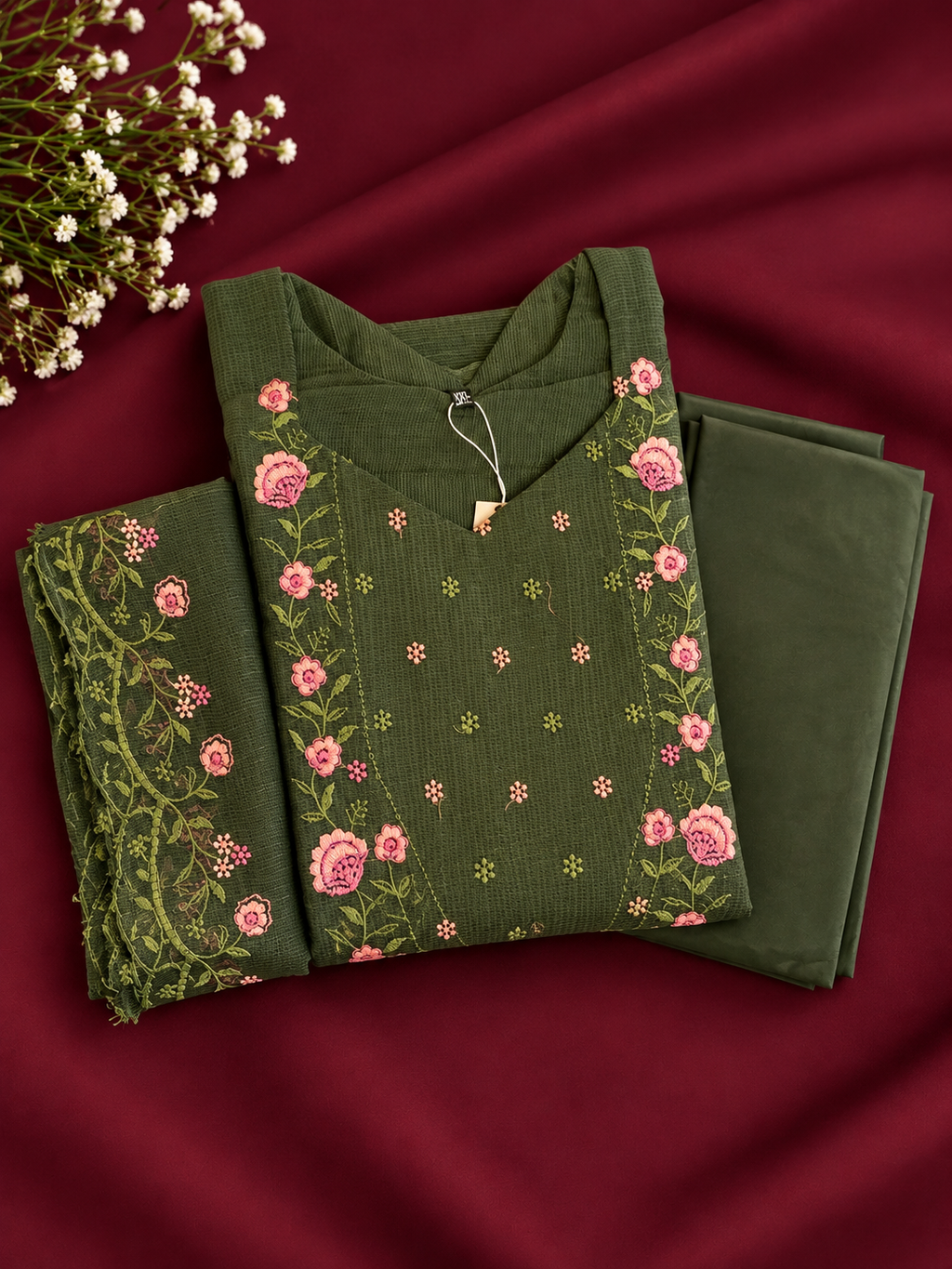 Elegant Bottle Green Embroidered 3-Piece Set-Size XL